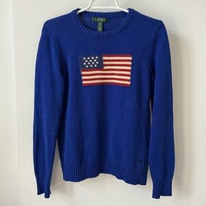 Ralph Lauren Blue Crew Neck Sweater with American Flag